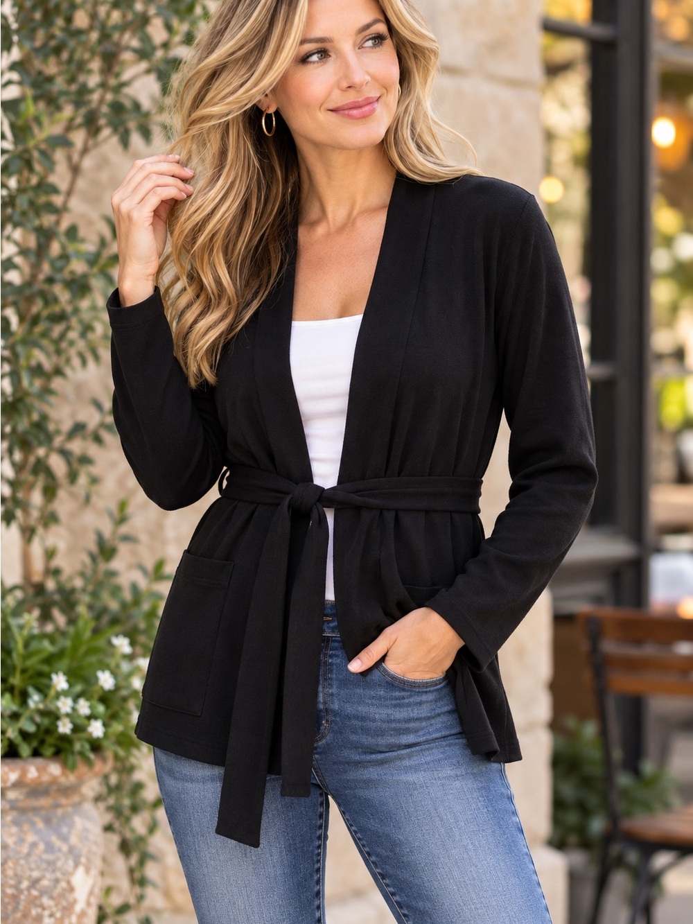 Soybu Black Belted Cardigan Jacket Medium Stretch Open Front